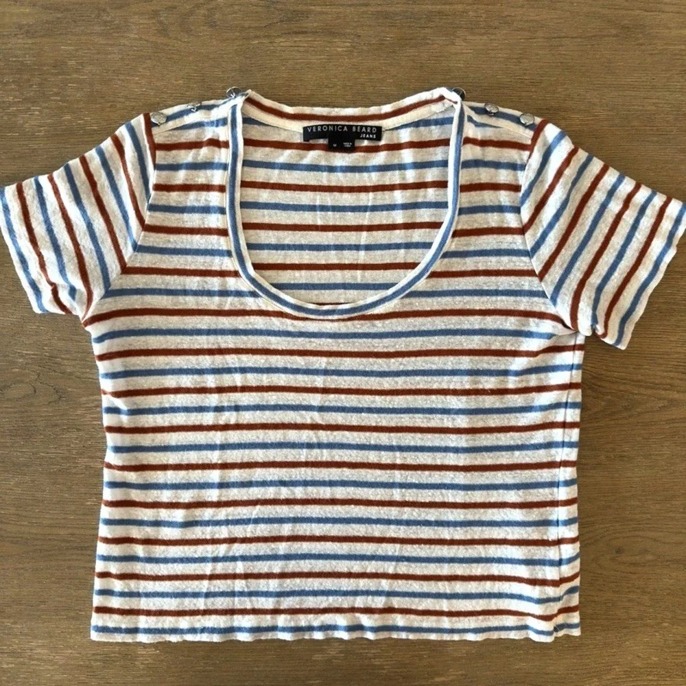 Veronica Beard Benji Striped 100% Linen Short Sleeve T-Shirt-Rust & Blue-Sz M - Picture 3 of 13